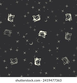 Seamless pattern with stars, wolf heads on black background. Night sky. Vector illustration on black background