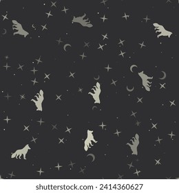 Seamless pattern with stars, wolf symbols on black background. Night sky. Vector illustration on black background