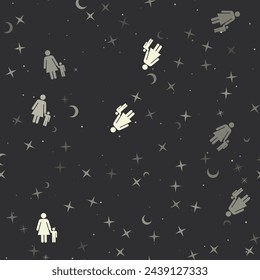 Seamless pattern with stars, woman with child symbols on black background. Night sky. Vector illustration on black background