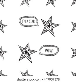 Seamless pattern with stars. Wrapping paper, cloth. Sketch, doodles, design elements. Hand drawing. Vector.