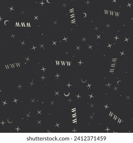 Seamless pattern with stars, www symbols on black background. Night sky. Vector illustration on black background