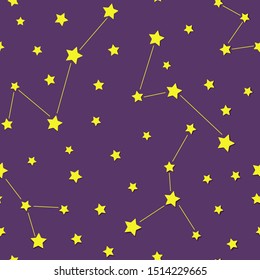 Seamless pattern of stars. Yellow stars costellations on violet backdrop. Vector background.