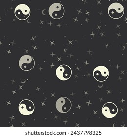 Seamless pattern with stars, yin yang symbols on black background. Night sky. Vector illustration on black background