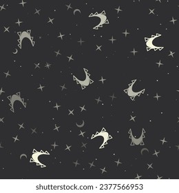 Seamless pattern with stars, yoga hammock symbols on black background. Night sky. Vector illustration on black background