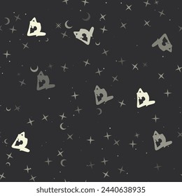 Seamless pattern with stars, yoga stretching pose symbols on black background. Night sky. Vector illustration on black background