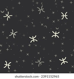Patrón sin brillo con estrellas, símbolos de pisce zodiaco sobre fondo negro. Cielo nocturno. Ilustración del vector sobre fondo negro