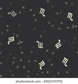 Seamless pattern with stars, zodiac scorpio symbols on black background. Night sky. Vector illustration on black background