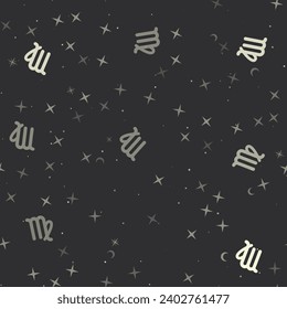 Seamless pattern with stars, zodiac virgo symbols on black background. Night sky. Vector illustration on black background