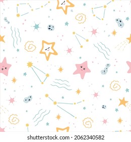 Seamless pattern with the  Stars,constellations and comets on a white background.Kids Children's Wallpaper.Can use for textiles, bed linen, children's clothing.Vector illustration in the cartoon style