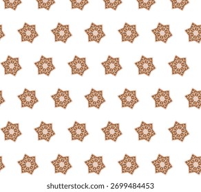 Patrón sin fisuras de galletas en forma de estrella con glaseado blanco sobre un fondo blanco. Diseño festivo y simétrico ideal para embalaje de vacaciones, textiles o decoración de temporada