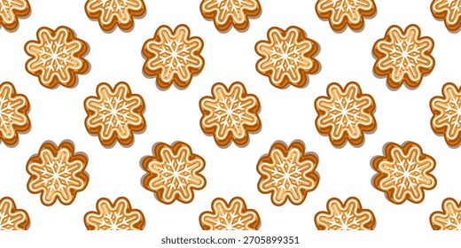 Padrão sem costura com biscoitos de gengibre em forma de estrela decorados com gelo floco de neve, fundo festivo e doce