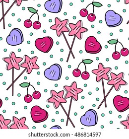 Seamless pattern with star-shaped lollipops, cherries, heart-shaped sweets and green confetti. Sweet girlish vector wallpaper. Isolated on white background.