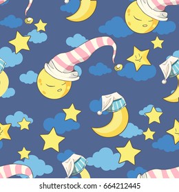 Seamless pattern with stars,moon and clouds. Wallpaper for children room. Cute background for card