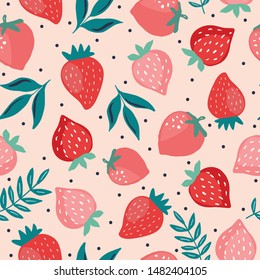 Seamless pattern with starwberry berries and leaves. Garden and nature hand drawn sketch style tileable background for fabric, wallpaper, surface design