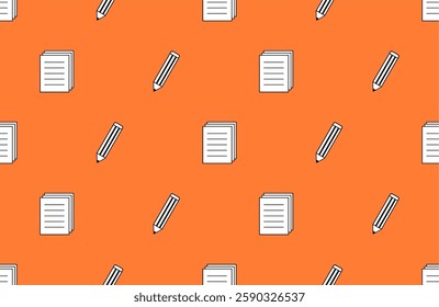 seamless pattern with stationary on orange background. pencil and paper seamless pattern.