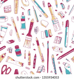 Seamless pattern with stationery, art and office tools, school supplies on white background. Backdrop with writing and drawing utensils. Realistic hand drawn vector illustration for fabric print.