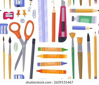 Seamless pattern, stationery, art supplies, school items, office tools on white background. Pencils, brushes, tubes of paint, sharpener, crayons, ruler, scissors, knife.