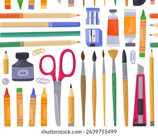 Seamless pattern, stationery, art supplies, school items, office tools on white background. Pencils, brushes, tubes of paint, sharpener, crayons, ruler, ink, scissors, knife.