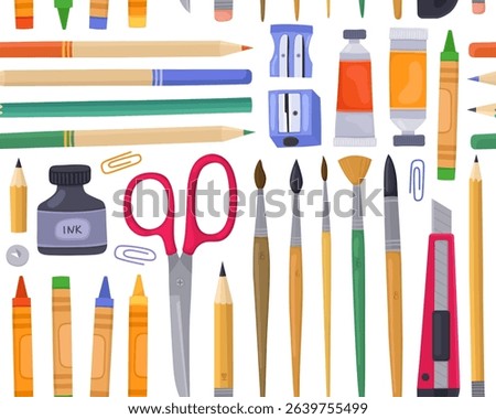 Seamless pattern, stationery, art supplies, school items, office tools on white background. Pencils, brushes, tubes of paint, sharpener, crayons, ruler, ink, scissors, knife.