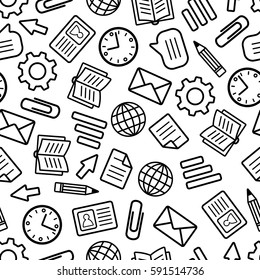 Seamless Pattern of Stationery and Business Elements for Websites, Templates, Office Sheets. Background Continued Design of Line Icons. Coloring Graphic Page. 