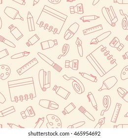 Seamless pattern with stationery design element. Various school supplies and stationery on gray background. 