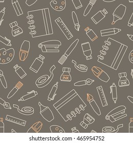 Seamless pattern with stationery design element. Various school supplies and stationery on gray background. 