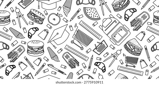Seamless pattern with stationery doodle, shopping theme doodle and fast food doodle. Stationery theme outline with fruits doodle and fast food sketch.