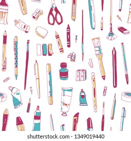 Seamless pattern with stationery, drawing utensils, creativity tools or office supplies drawn on white background. Realistic vector illustration in vintage style for wallpaper, fabric print, backdrop.