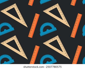 Seamless pattern with stationery for drawing. Vector illustration of rulers, protractor hand drawn in cartoon style on black background. Ideal for textile, print, wrapping paper, school background