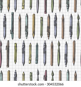 Seamless pattern from the stationery drawn from a hand - pen, pencils, brushes-against a writing-book leaf in a cage.Background in vector.