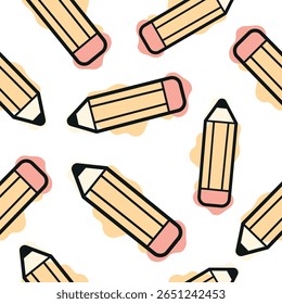 seamless pattern with stationery icons, namely a yellow pencil, combining line art style and abstract color spots arranged randomly, for school printing, textiles or other various designs