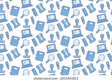 Seamless pattern of stationery items in minimal outline style.