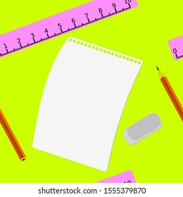 Seamless pattern with stationery motifs like paper, pencil, eraser and ruler