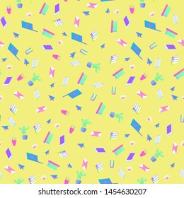 Seamless pattern of stationery in neon colours on  yellow   background, for wrapping paper, wallpaper, fabric pattern, backdrop, print, gift wrap, cover of notebook, envelope, school accessories