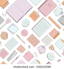 Seamless pattern with stationery - notepads, stickers, notebooks on white background. Vector illustration