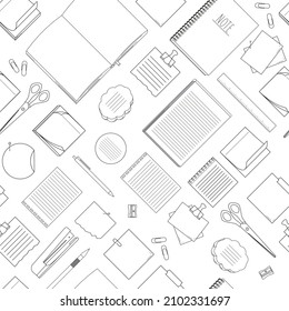 Seamless pattern with stationery - notepads, stickers, notebooks on white background. Vector illustration