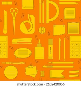 Seamless pattern with stationery - notepads, stickers, notebooks on white background. Vector illustration