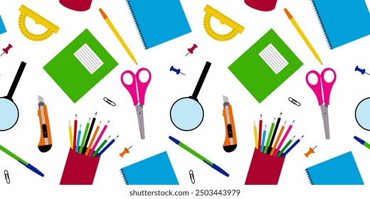 Seamless pattern of stationery office or school supplies for textile, fabric, wrapping paper