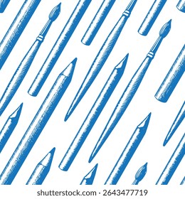 Seamless pattern stationery, pencil, brush supplies vector. Hand drawn blue objects background. Education Back to School concept. For wrapping, fabric, wallpaper. Illustration line draw diagonal