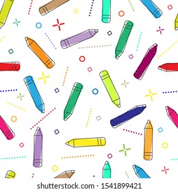 Seamless pattern with stationery pencils. Modern random colors. Ideal for textiles, packaging, paper printing, simple backgrounds and textures.