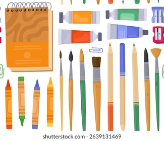 Seamless pattern, stationery, school items, art supplies, office tools on white background. Pencils, brushes, tubes of paint, sharpener, crayons, sketchbook.