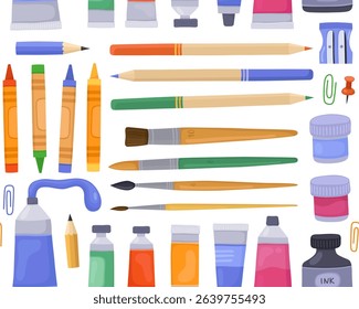 Seamless pattern, stationery, school items, art supplies, office tools on white background. Pencils, brushes, tubes of paint, jars of paint, sharpener, crayons.