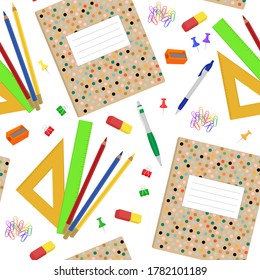 Seamless pattern Stationery for school notebooks pencils pens rulers eraser vector illustration