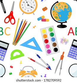 Seamless pattern stationery for school notebooks pencils pens paper clips eraser globe calculator bulb alarm clock magnifier vector illustration	
