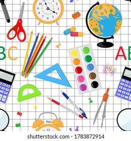 Seamless pattern stationery for school notebooks pencils pens paper clips eraser globe calculator bulb alarm clock magnifier vector illustration