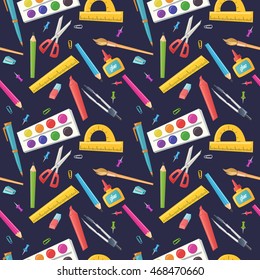 Seamless pattern of stationery for school, office and handmade in cartoon style. Goods for children creativity