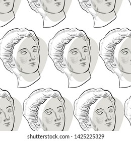 Seamless pattern with statue goddess. Background with marble sculpture of antique greek woman. Texture for packaging, textiles, wrapping paper, stationery design