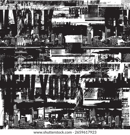 Seamless pattern with Statue of Liberty in New York , cityscape and newspaper clippings in grunge style. Wallpaper, fabric, textile, wrapping paper, t-shirt design, tile. No ai