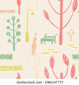 The seamless pattern with  statue in an old park. Hand drawn romantic nature background for your design.Textile, blog decoration, banner, poster, wrapping paper.