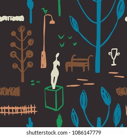 The seamless pattern with  statue in an old park. Hand drawn romantic nature background for your design.Textile, blog decoration, banner, poster, wrapping paper.